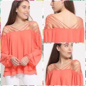 Coral chiffon strappy long sleeve top S/M/L